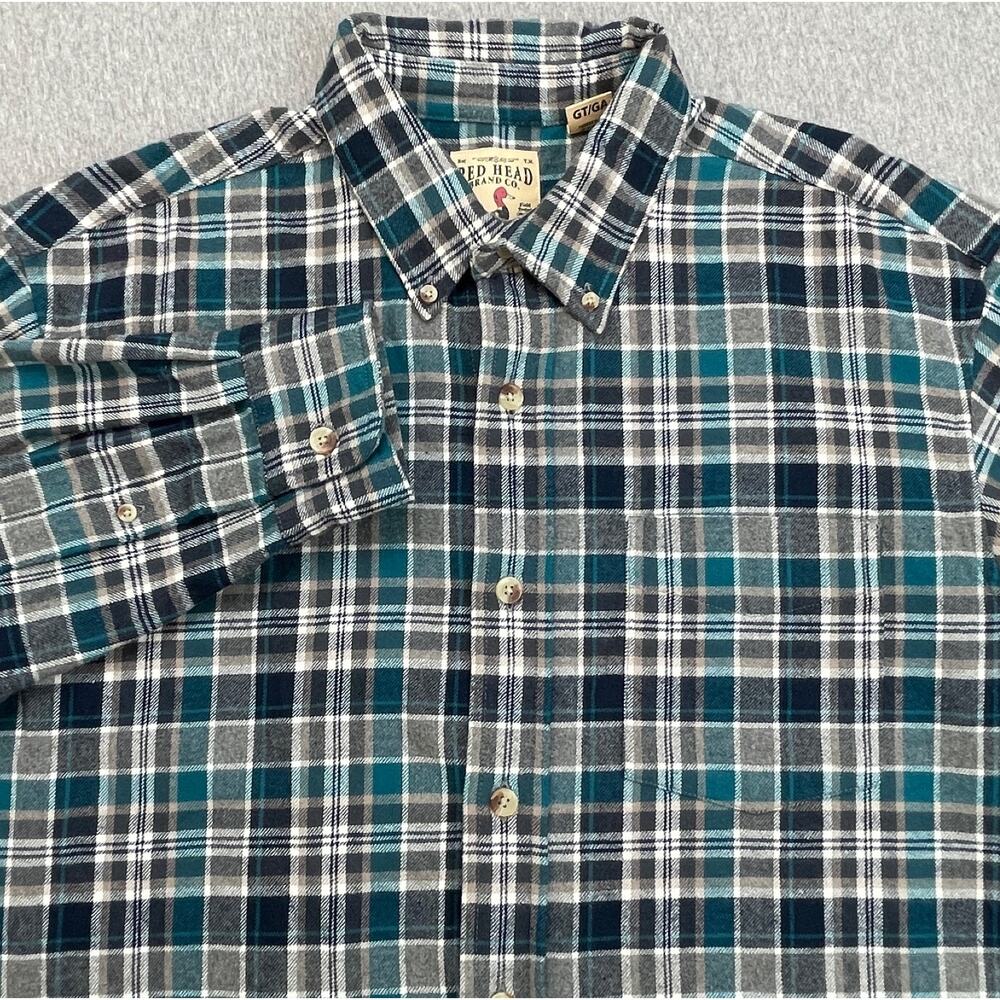 Red Head Shirt Mens LT Blue Plaid Flannel 100% Cotton Long Sleeve Button Down
